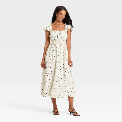 Women's Sleeveless Modern Gauze Femme Ruched Maxi Dress - A New Day™ Cream/Black Dot XS | Target