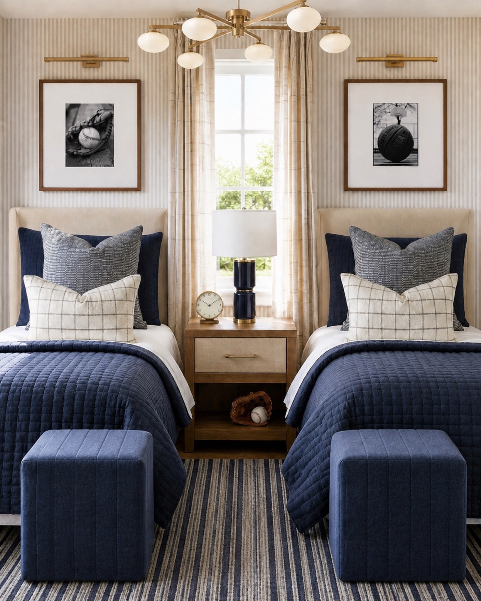 A timeless navy and beige bedroom 

#bedroom #bed #wallpaper 

#LTKHome #LTKSaleAlert #LTKKids