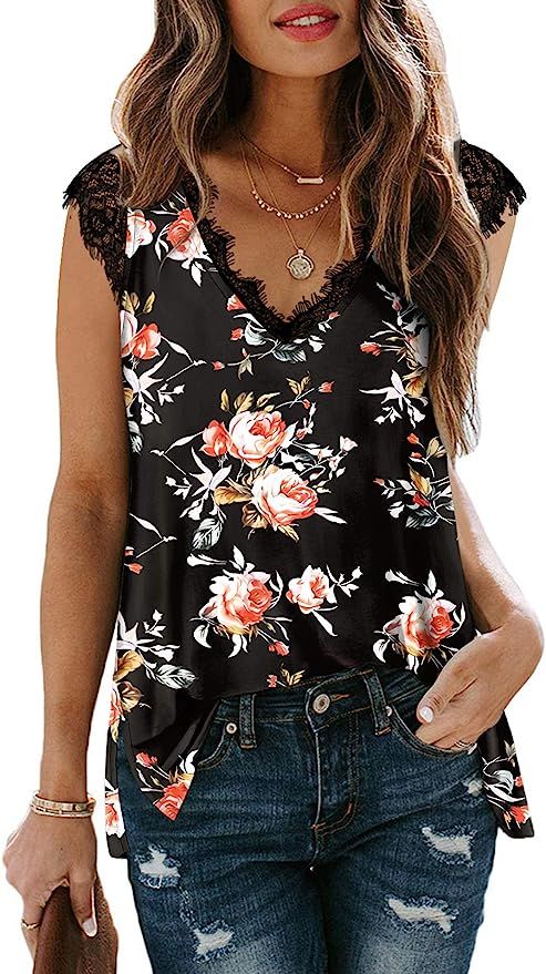 XIEERDUO Womens Tank Tops V Neck Lace Floral Sleeveless Summer Tops Side Split | Amazon (US)