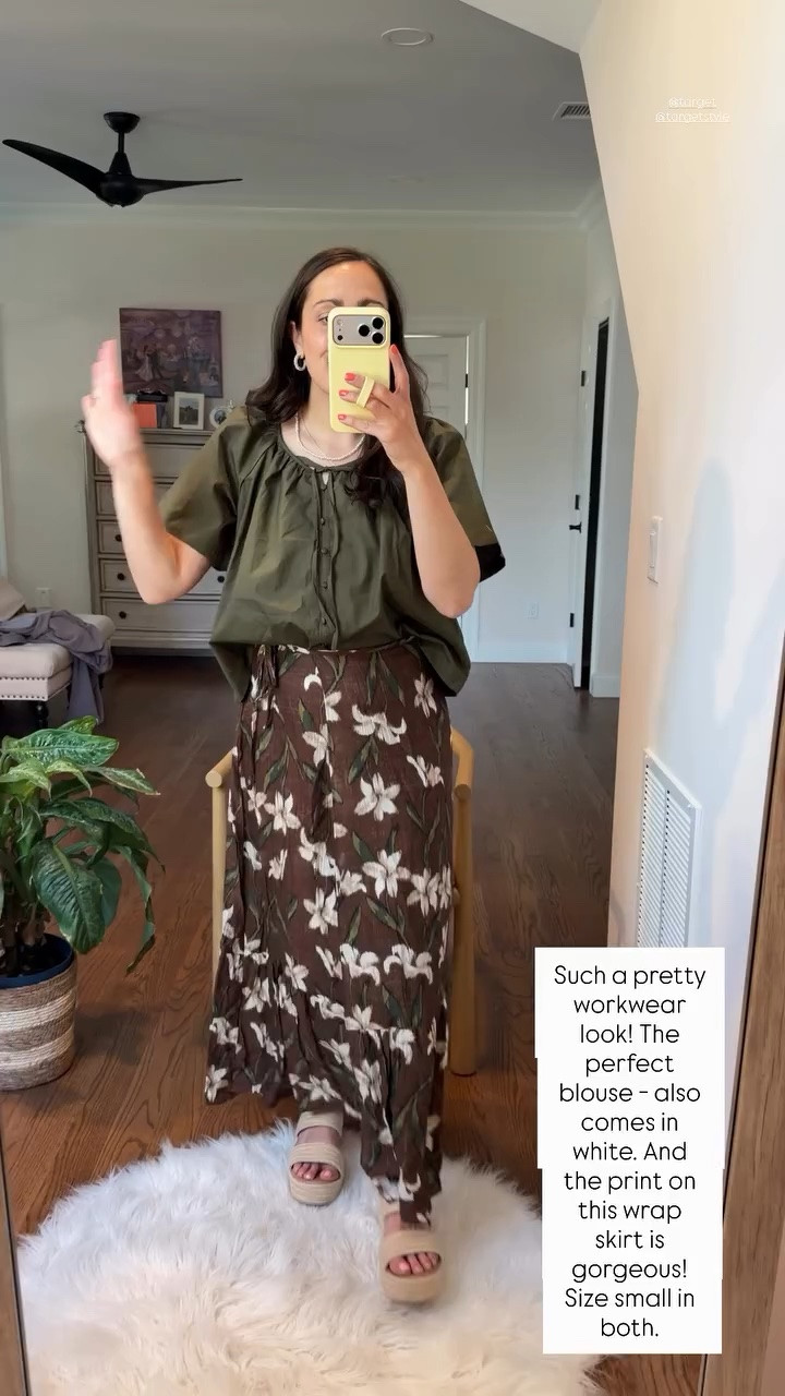 Such a pretty workwear look! The perfect blouse - also comes in white. And the print on this wrap skirt is gorgeous! Size small in both.  @target @targetstyle