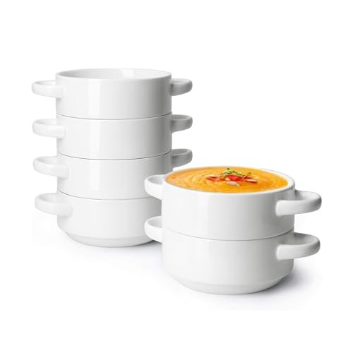 Sweese Porcelain Soup Bowls with Handles, 20 Ounce French Onion Soup Bowls, Stackable Serving Bowls for Chili, Beef Stew, Oven Microwave Dishwasher Safe, Set of 6, Gift, White | Amazon (US)