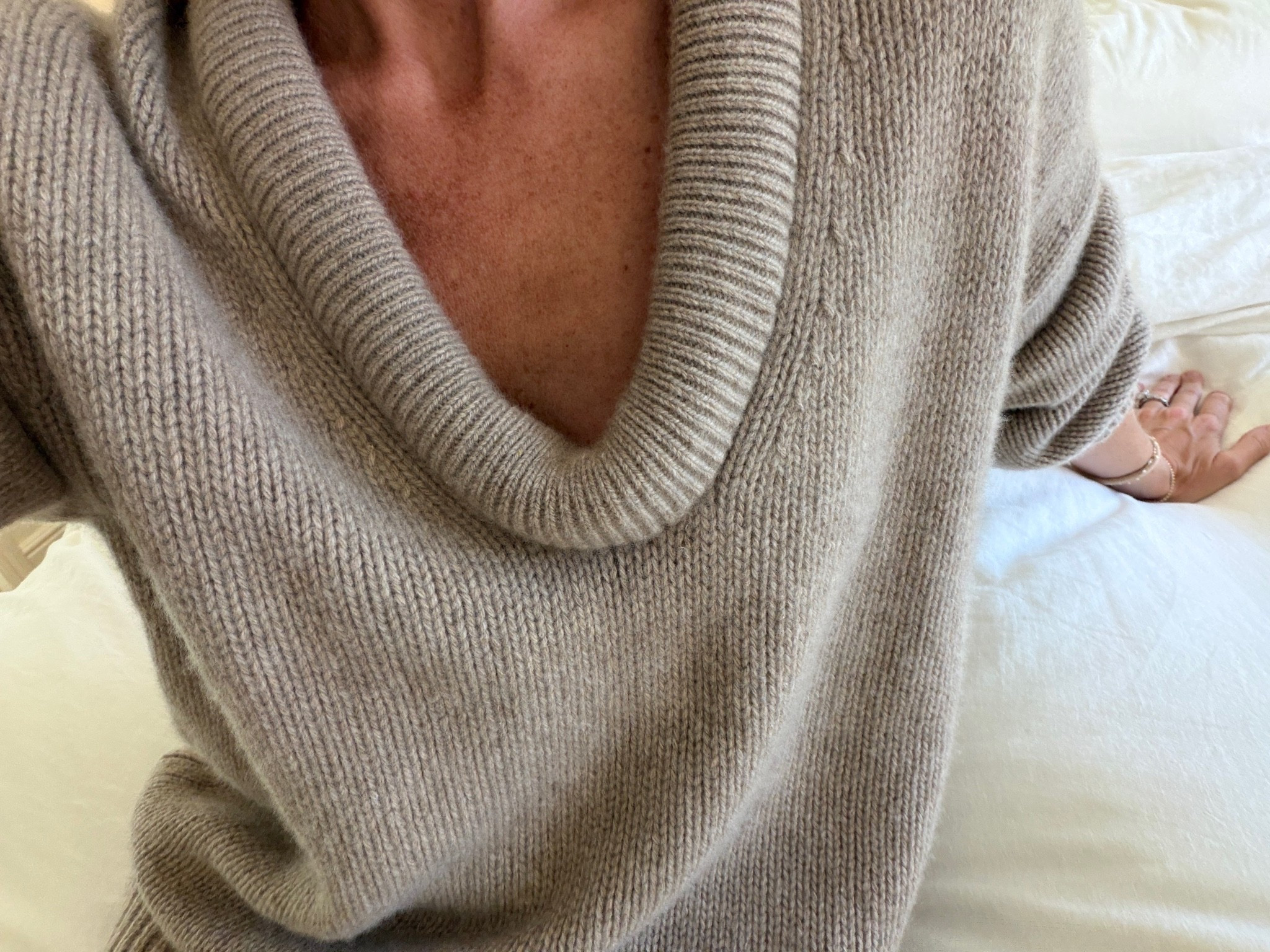 Just perfect. Love everything about this knit - you can go down a size in it, it’s pretty relaxed, I’m usually a small and have the XS (I also have it in the navy, it comes in a handful of colors!)