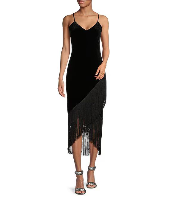 Velvet V-Neck Sleeveless Fringe Hem Midi Dress | Dillard's