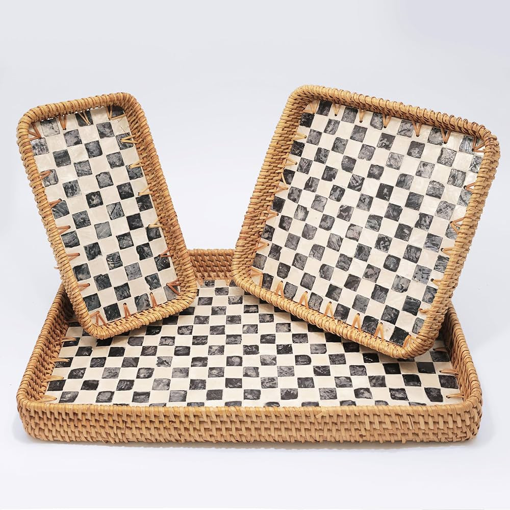 Rattan Serving Tray with Mother of Pearl Inlay,Set of 3 Rectangle Wicker Serving Tray Checkered P... | Amazon (US)