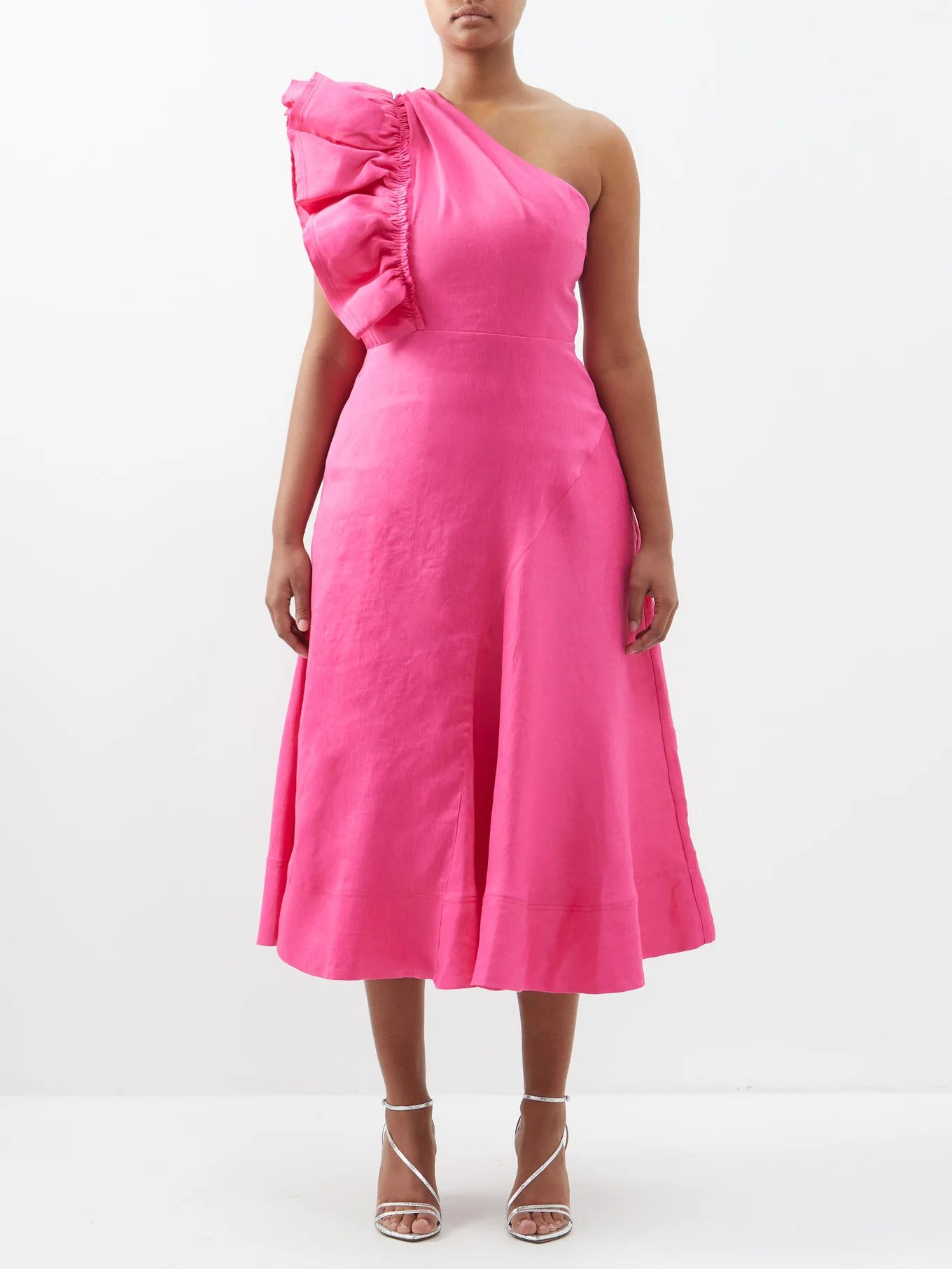 Bonjour asymmetric ruffled linen-blend dress | Matches (UK)