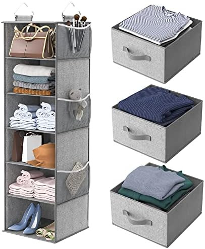MONINXS Hanging Closet Organizer 6-Shelf, Hanging Shelves for Closet with 3 Divisible Drawers & S... | Amazon (US)