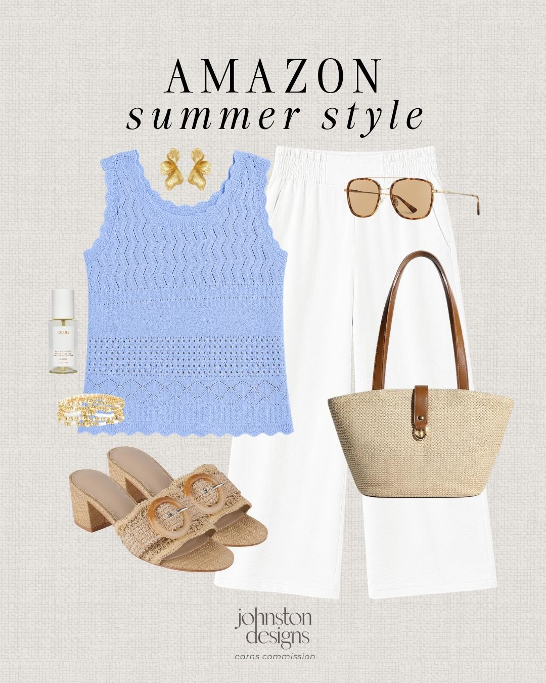 Amazon summer style with a blue crochet tank, white wide-leg pants and neutral woven accessories. 🩵

Amazon summer outfit, blue crochet tank, white wide leg pants, woven tote bag, raffia block heels, gold shell earrings, gold bracelet stack, oversized sunglasses, casual summer style, vacation outfit idea, warm weather look, affordable Amazon fashion, coastal summer outfit, chic neutral accessories 

 #LTKootd #LTKSeasonal