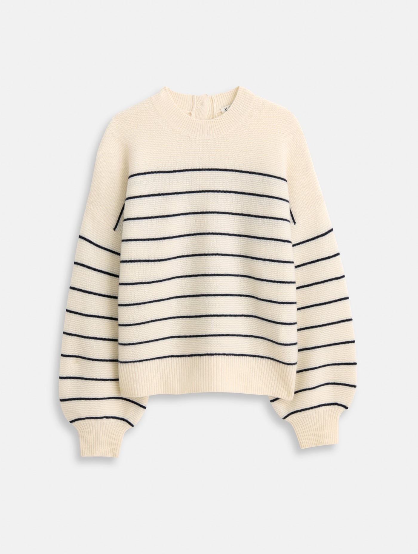 Cashmere Button Back Crewneck Sweater in Stripe | Alex Mill