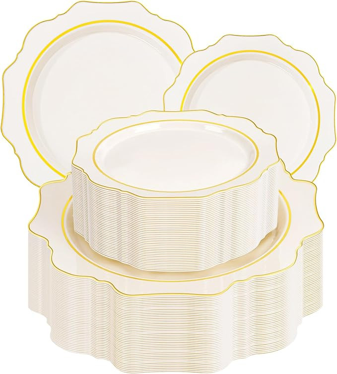WDF 100PCS Ivory Plastic Plates with Gold Rim - Cream Plastic Plates - Include 50 Dinner & 50 Des... | Amazon (US)