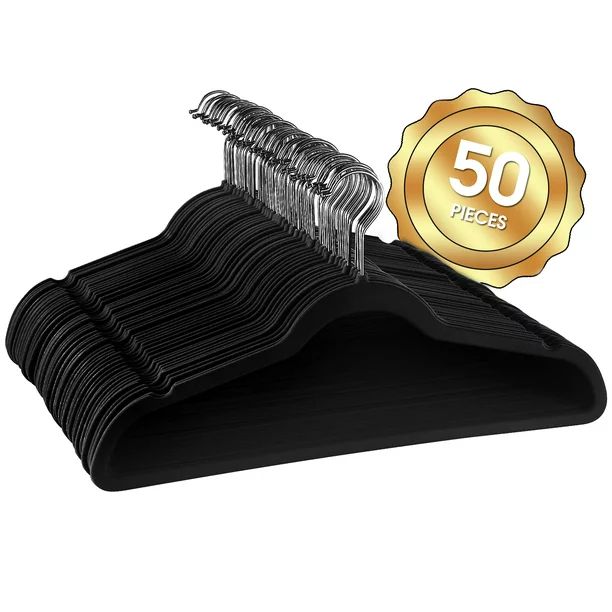 50 Piece Set of Velvet Slim Profile Heavy Duty Felt Hangers with Stainless Steel Swivel Hooks in ... | Walmart (US)