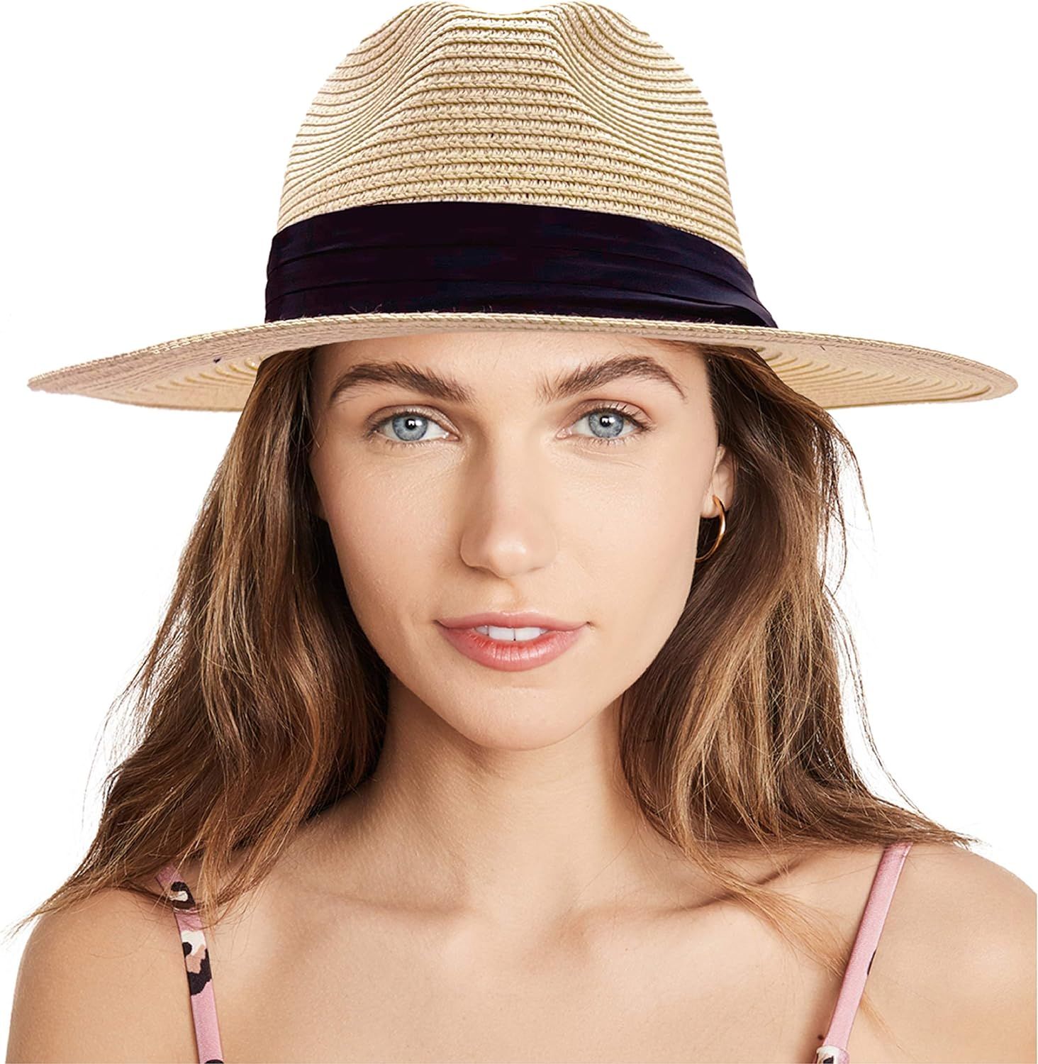 accsa Women Classic Wide Brim Sun Hat Summer Straw Hat for Beach Travel Black Band Panama Hat UPF... | Amazon (US)