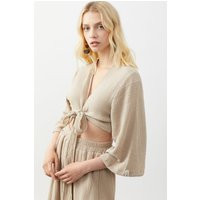 Beige One Size Cotton Gauze Wrap Crop Top, Bohem Wraparound Blouse, Wide Sleeve Muslin V Neck Kymono | Etsy (US)