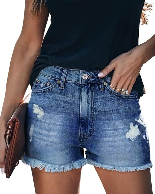 ZOLUCKY Women's Casual Summer Denim Shorts Mid Waisted Stretchy Ripped Jean Shorts with Pockets | Amazon (US)