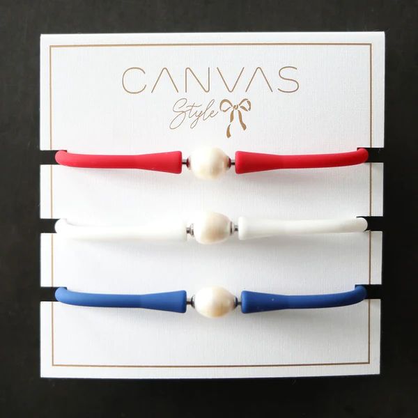 Bali Freshwater Pearl Silicone Bracelet Stack of 3 in Red, White & Royal Blue | CANVAS