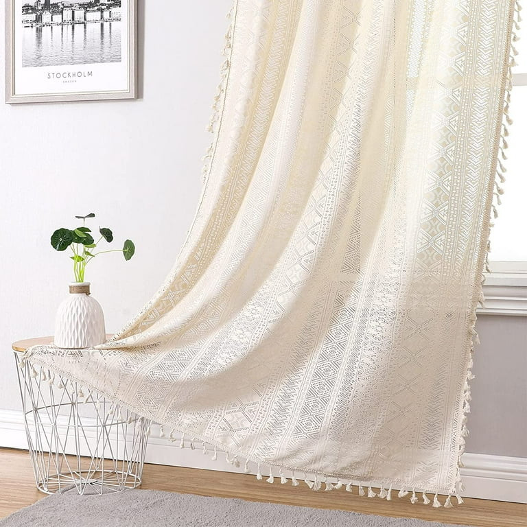 Bohogeo Beige Linen Tassel Sheer Lace Curtain Panels, Chic Crochet Farmhouse Rod Pocket Window Cu... | Walmart (US)