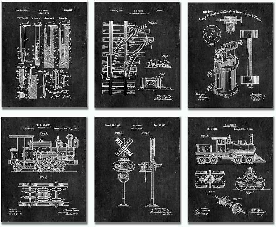 Train Decor Train Gifts For Men Boys Railroad Gifts Decoration Locomotive Art Set of 6 (8x10) Pat... | Amazon (US)