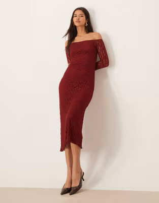 ASOS DESIGN lace bardot maxi dress in burgundy | ASOS | ASOS (Global)