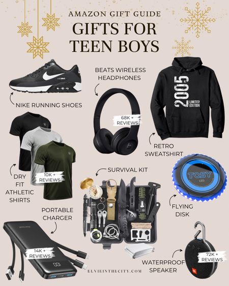 This teen boy gift guide is all from Amazon and includes Nike sneakers, dry fit shirts, a portable charger, Beats wireless headphones, a survival kit, retro hoodie, a flying disk, and a portable waterproof Bluetooth speaker. 

Gifts for kids, gifts for teens, gifts for boys, teen boys, gift guide, Christmas gift ideas

#LTKGiftGuide #LTKfindsunder50 #LTKHoliday