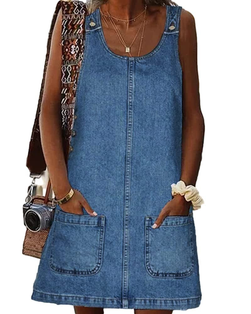 BZB Women's Sleeveless Casual Denim Dress Crewneck Vintage Loose Jean Overall Dress with Pockets | Amazon (US)