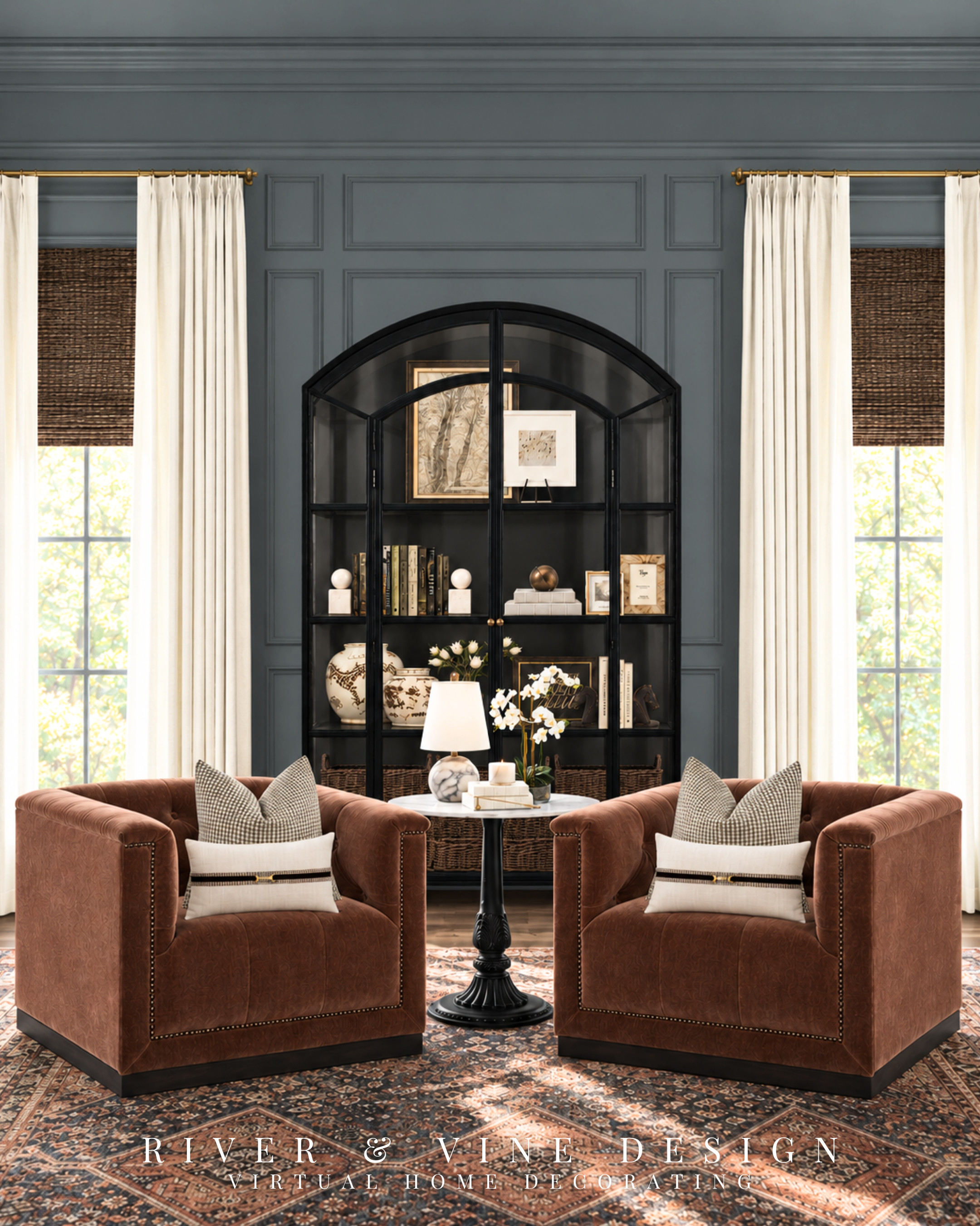 That empty living room wall could become your morning coffee spot. This traditional sitting area brings together two warm brown accent chairs, a shared pedestal table, and an arched cabinet that gives the arrangement a focal point.

When pairing substantial chairs, look for a table with a narrow base to give the grouping some breathing room. Here, the pale tabletop and cream lumbar pillows also break up the darker furniture, repeating the lightness of the curtains.

Inside the cabinet, upright books, stacked books, and layered artwork create variety without filling every inch. Explore the chairs, pedestal table, and cabinet through the product links to build your own conversation area.

traditional sitting area ideas, brown accent chair pair, black arched glass cabinet, pedestal accent table, living room conversation area, cream lumbar pillows, glass cabinet styling, modern traditional living room

I may receive a commission from purchases made through my links.
 

 #LTKHome