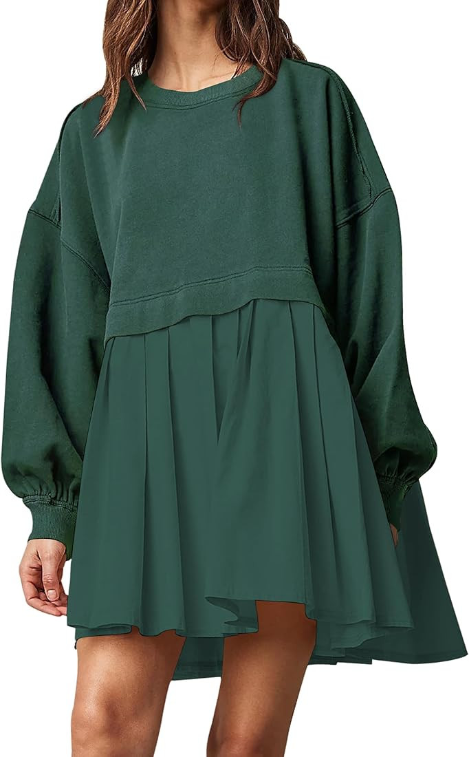 Women Oversized Long Sleeve Sweatshirt Dress Patchwork Crewneck Pullover Loose Flowy Pleated Mini... | Amazon (US)