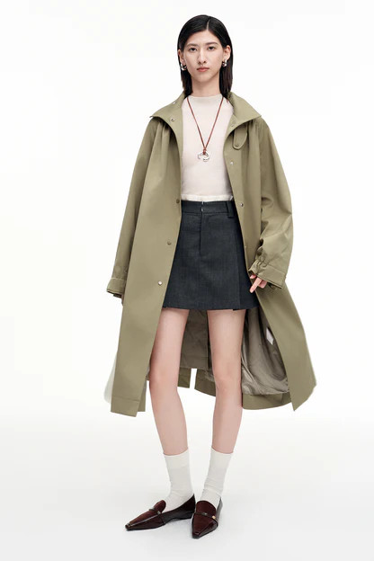 SELFWHO Khaki Stand Collar Mid-Length Trench Coat | SELFWHO