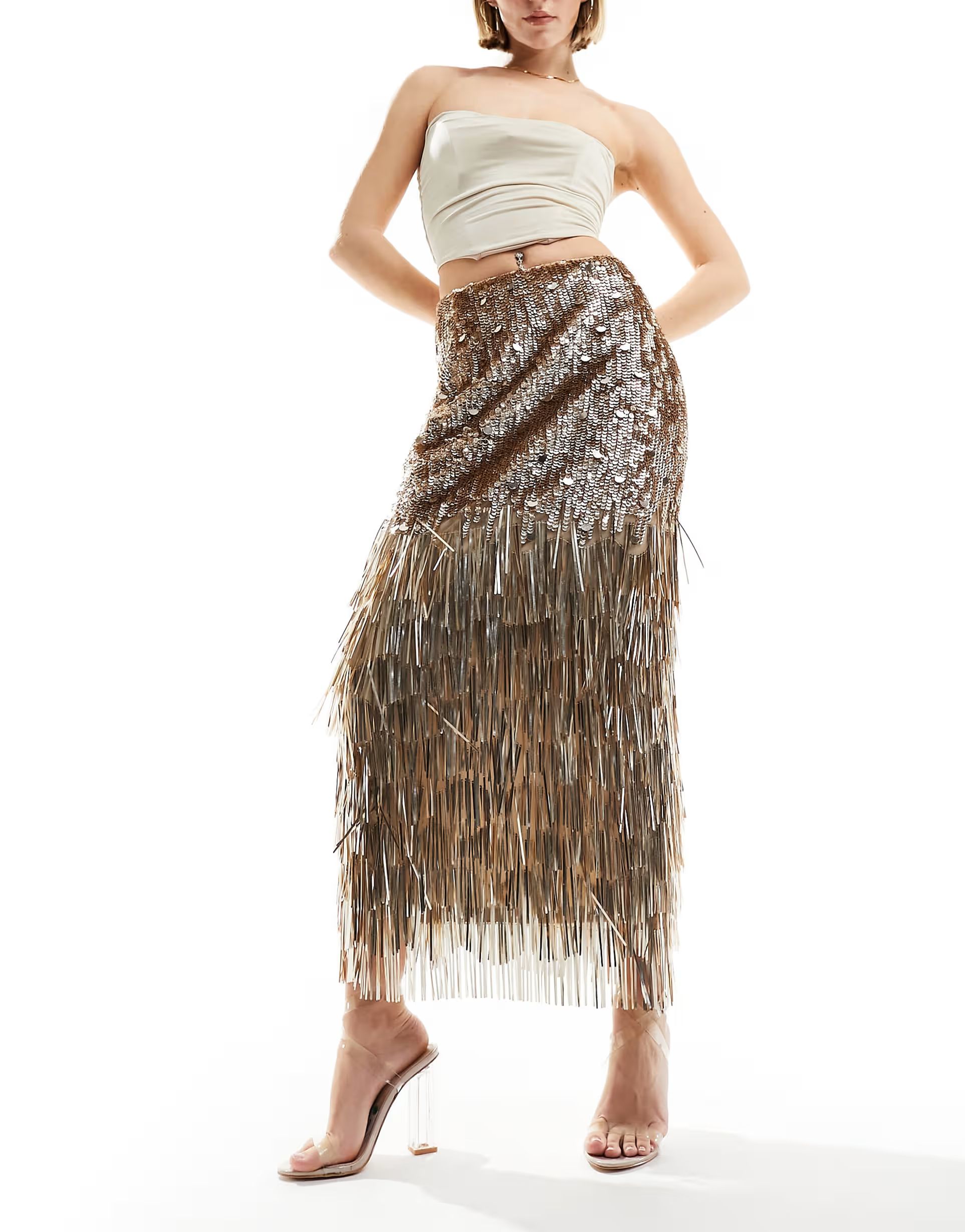 Miss Selfridge Premium gold sequin tasseled maxi skirt | ASOS (Global)