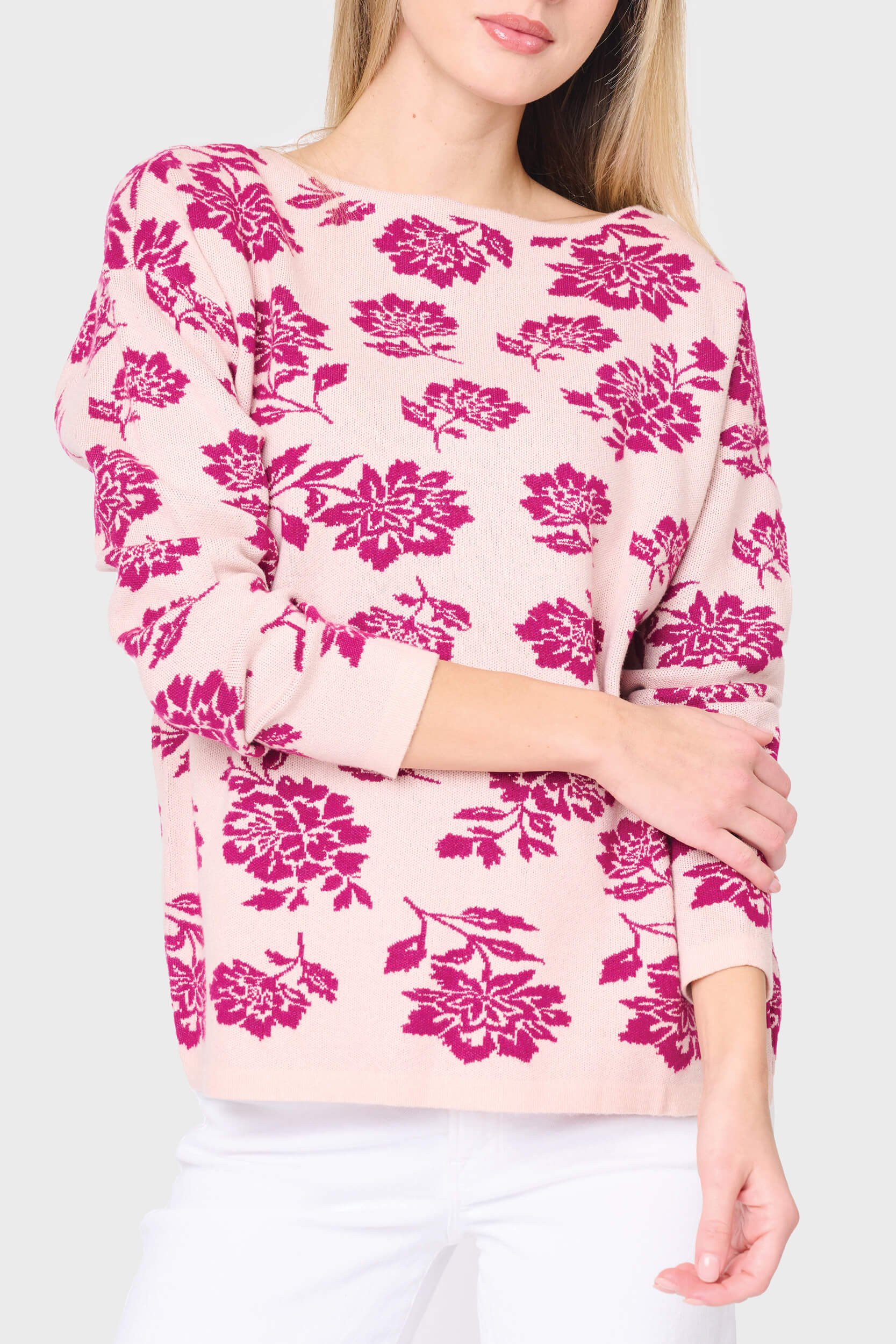 Intarsia Slouchy Luxe Sweater | Floral Knit Pullover | Gibson