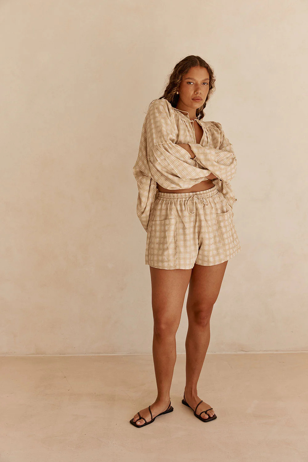 Khaki Gingham Elastic Drawstring Rylia Shorts | Sabo Skirt US
