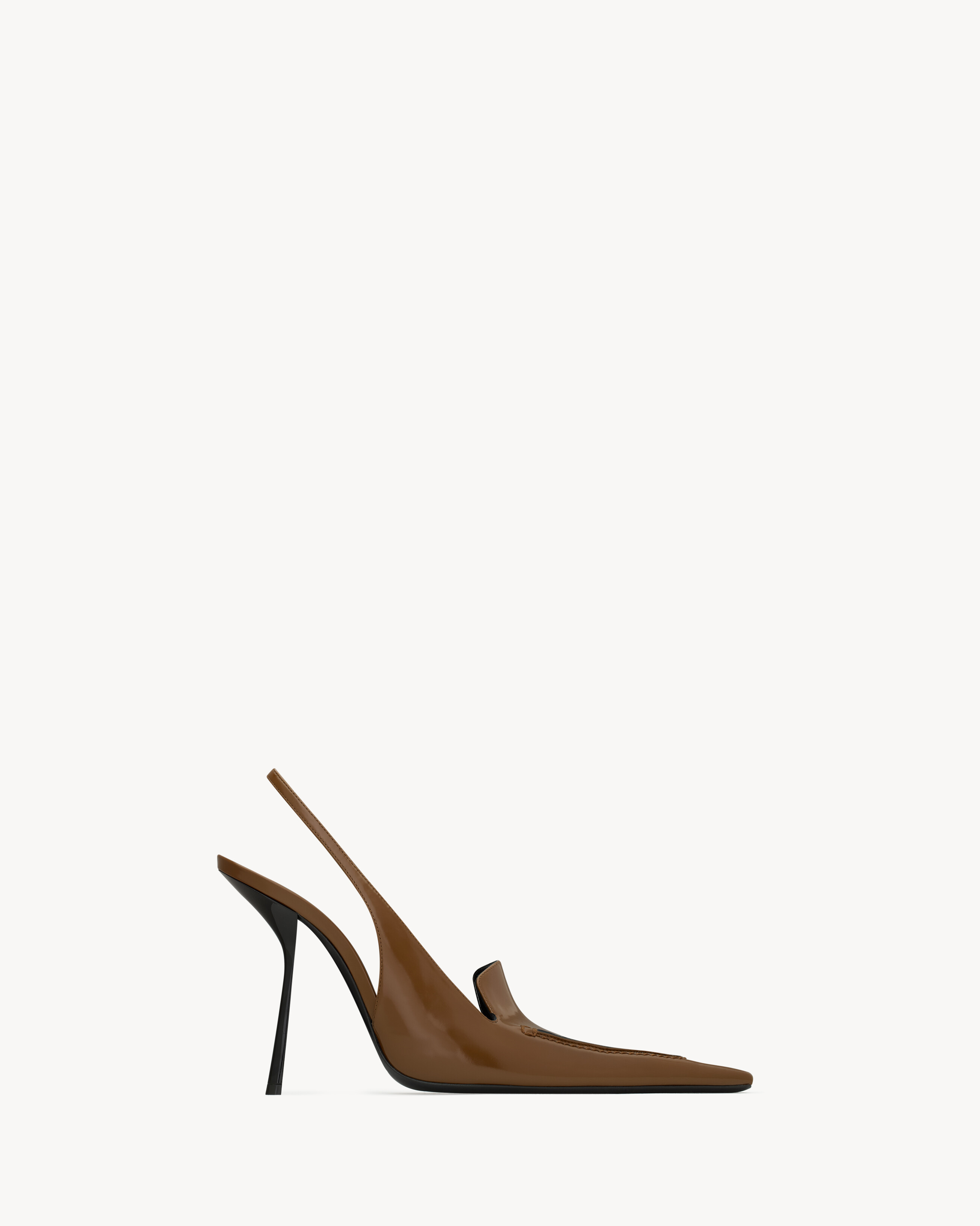 slingback loafer pumps with an angled metal stiletto heel and square pointed apron-stitch toe. | Saint Laurent Inc. (Global)