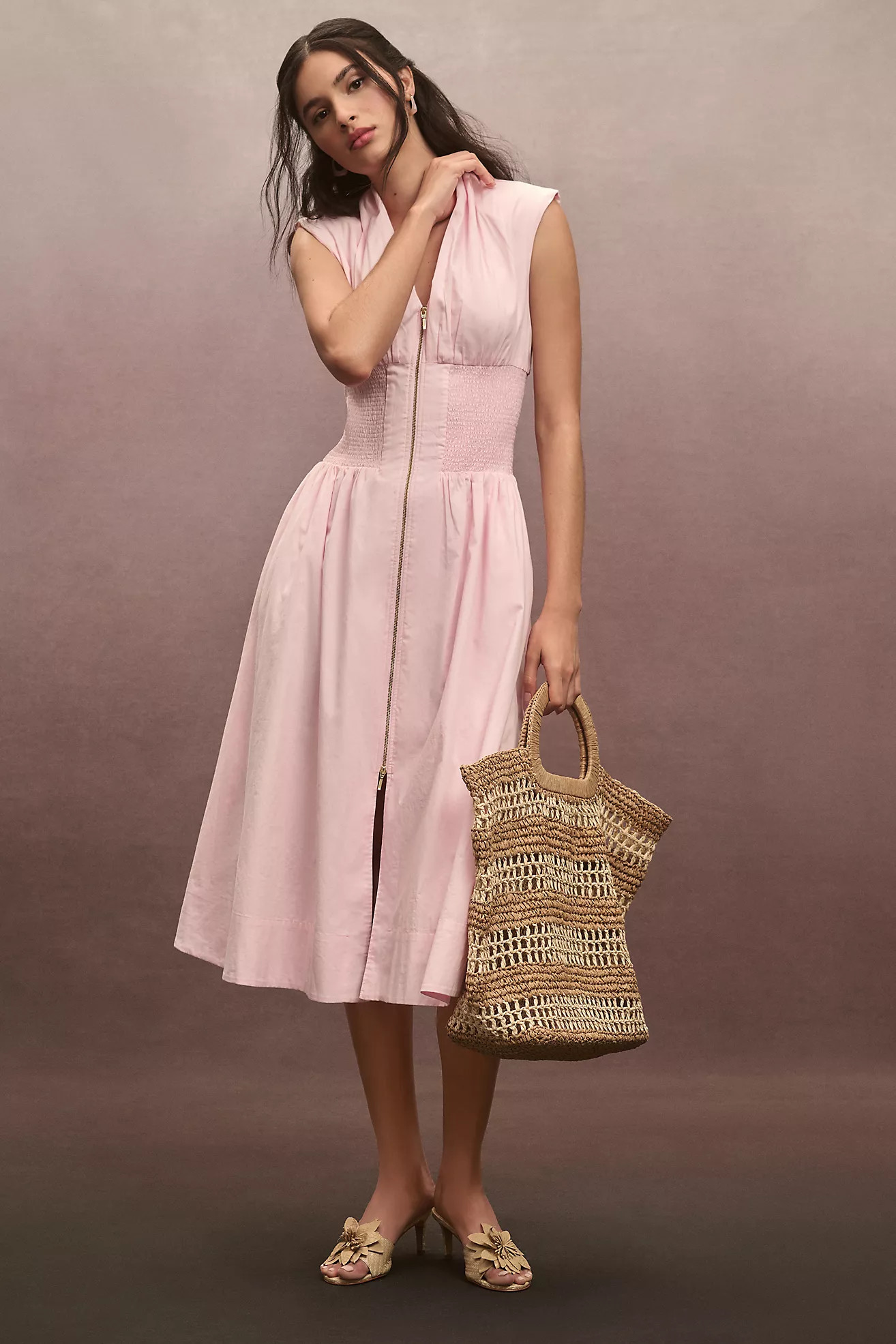 The Tommie Cap-Sleeve Smocked Front-Zip Shirt Dress | Anthropologie (US)