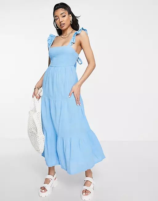 New Look tie back frill strap tiered midi dress in light blue | ASOS (Global)