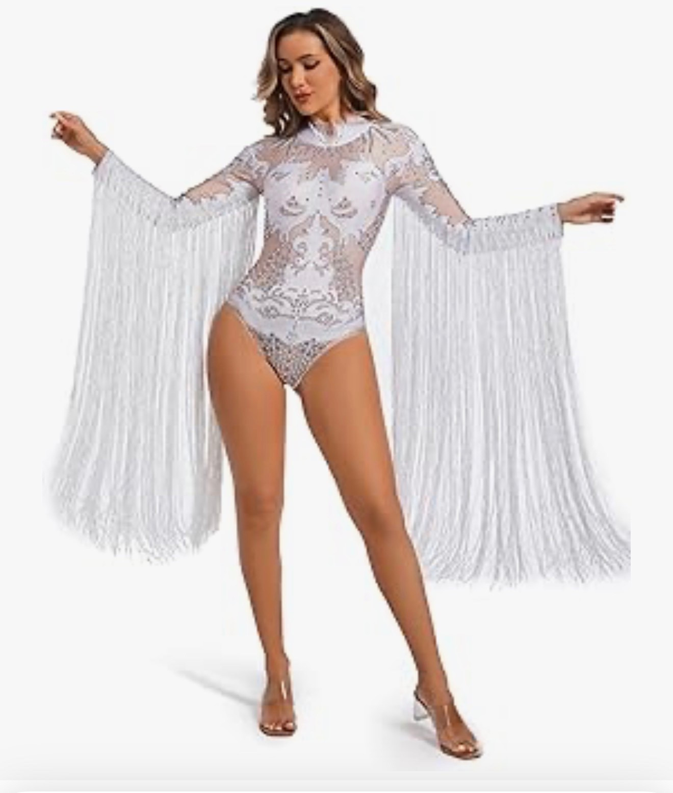White Long Sleeves Tassel Women Rhinestone Bodysuit Dance Group Team Performance Drag Queen Costume

#LTKActive #LTKPetite #LTKstorytime