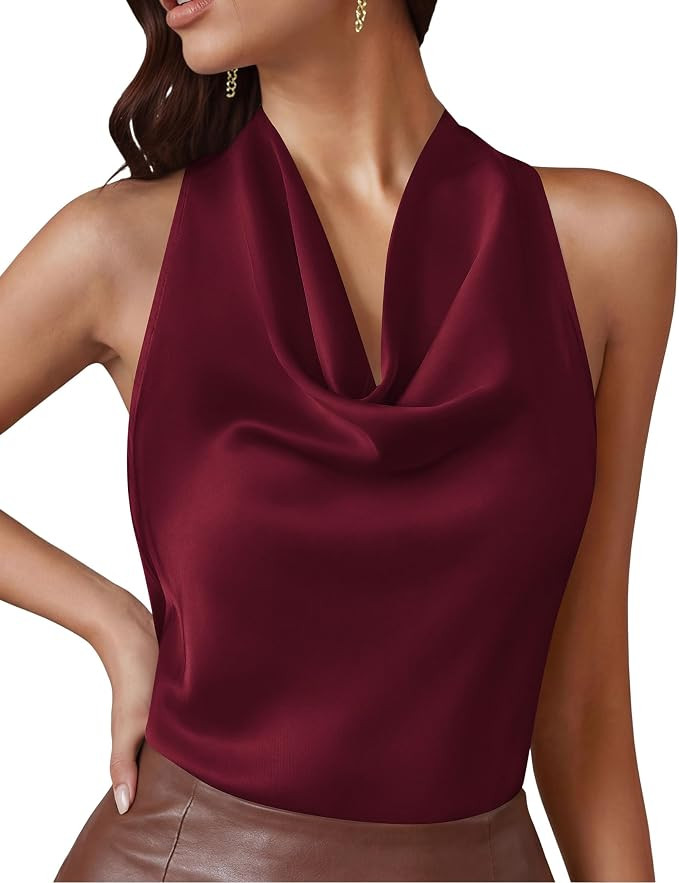 PRETTYGARDEN Satin Halter Tops for Women Dressy Casual | Sleeveless Silk Blouses,Cowl Neck Draped... | Amazon (US)