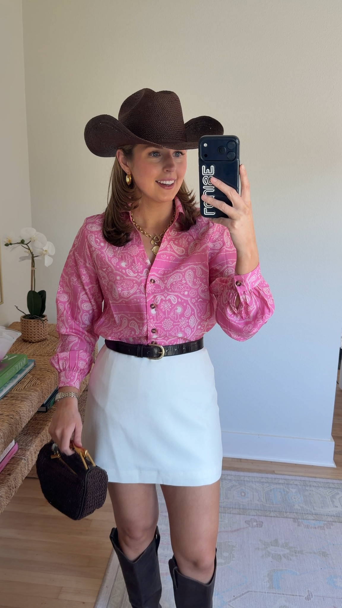 Western chic outfit idea! Wearing a 2 in top and S in skirt 