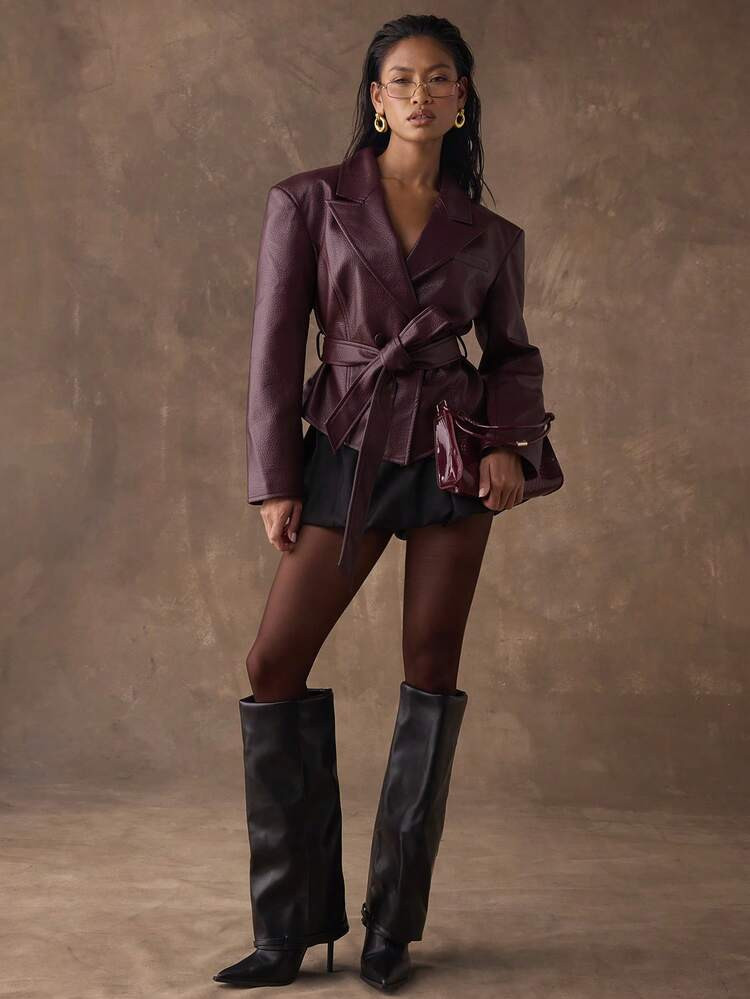 Burgundy Belted Jacket | SHEIN