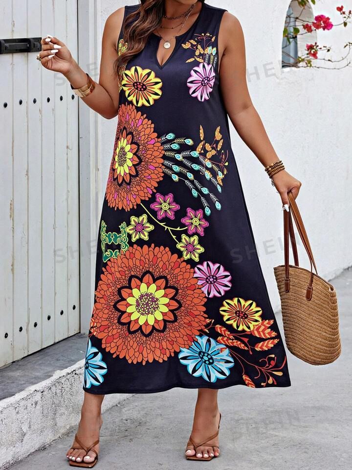 SHEIN VCAY Plus-Size Sleeveless Dress With Random Printed Design And Notched Neckline | SHEIN