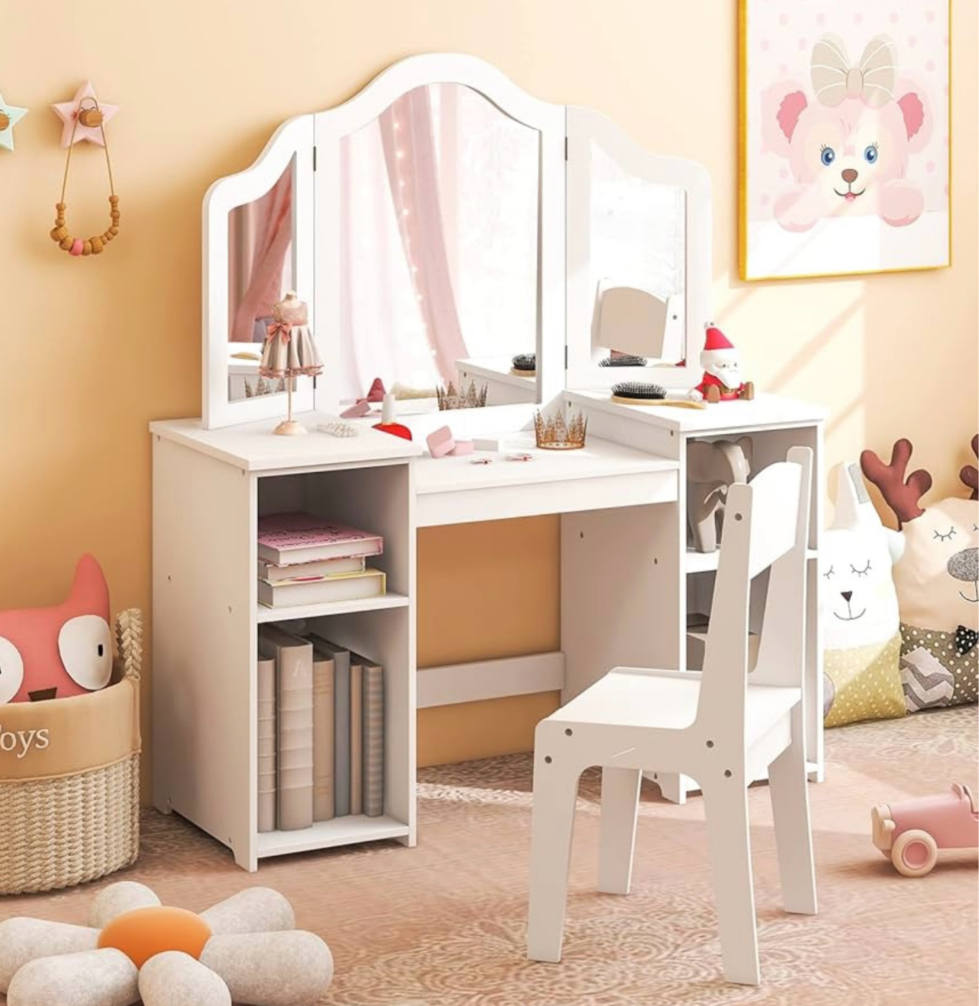  Kids Vanity, 2 in 1 Princess Makeup Desk & Chair Set with Detachable Tri-Folding Mirror, Storage Shelves, Wooden Toddler Vanity Dressing Table, Pretend Play Vanity Set for Little Girls. 

#LTKBeauty #LTKFamily #LTKKids