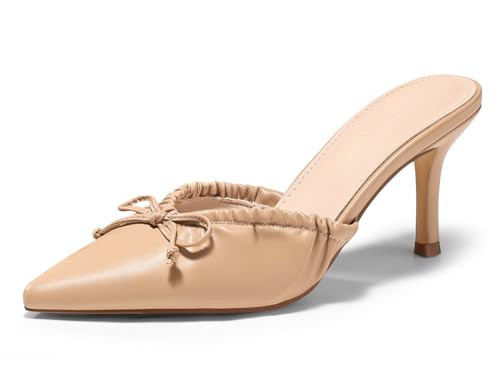 Coutgo Womens High Heels Mules Bow Closed Pointed Toe Pumps Pleated Slip On Dress Shoes, PU Khaki, Size 9.5 | Amazon (US)
