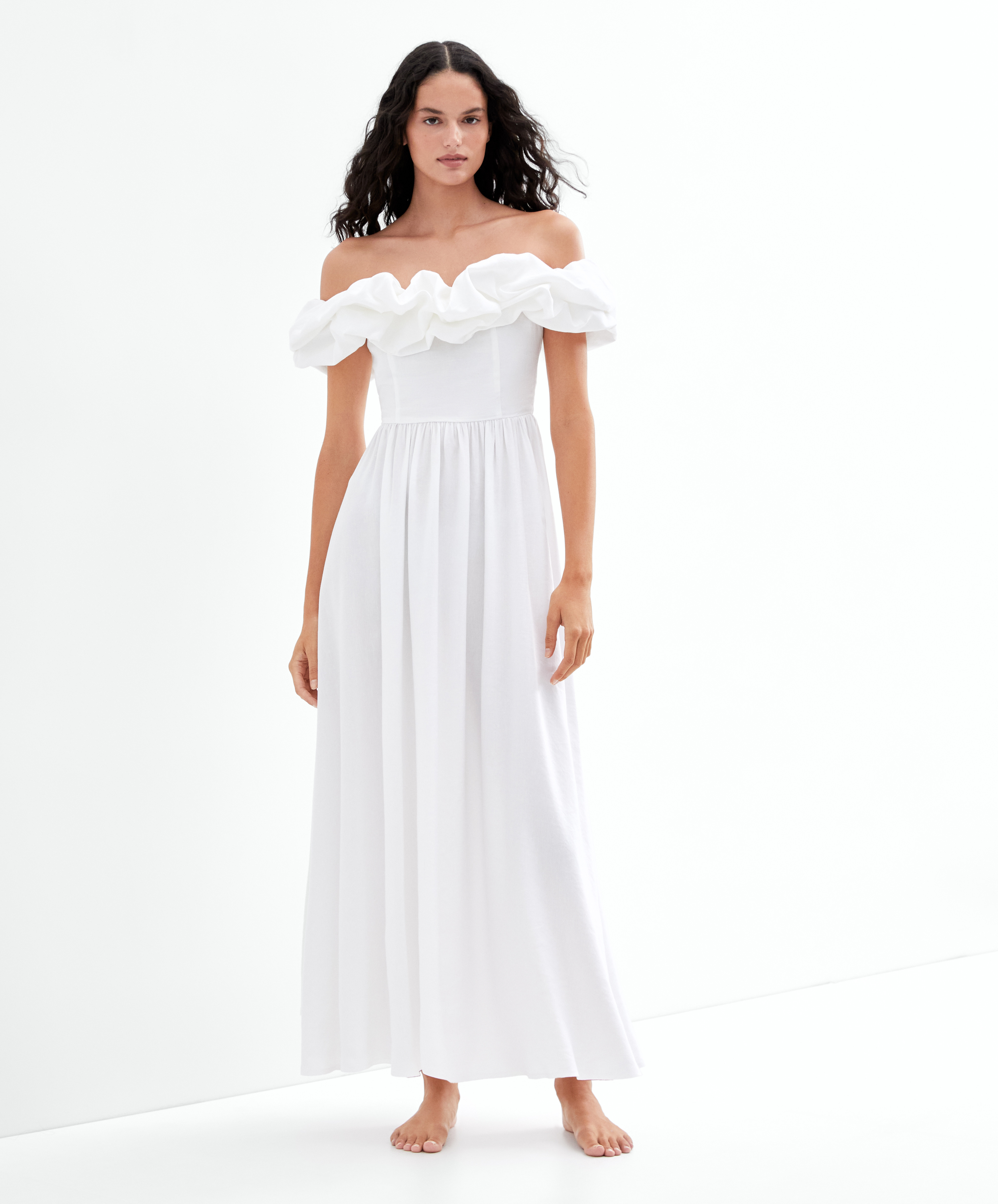 Linen off-shoulder long dress | OYSHO United Kingdom | OYSHO PL