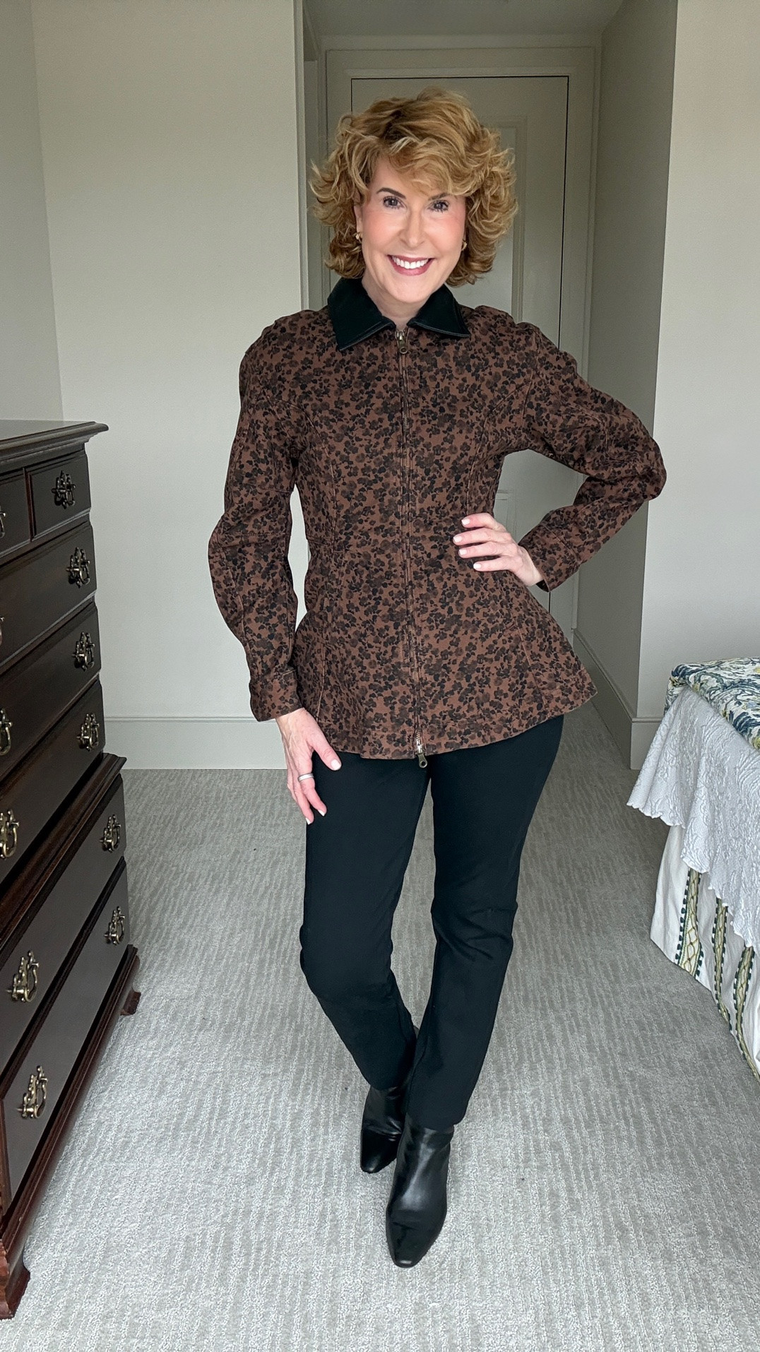This Walmart leopard print jacket is such a chic fall statement! I love the fitted, feminine shape, peplum hem, and faux leather collar. I paired it with sleek black pants and black ankle boots for an easy, polished look that lets the jacket be the star.

#LTKOver40 #LTKSeasonal #LTKootd