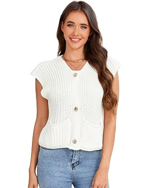 YesFashion Womens Crochet Sweater Vest Sleeveless Cardigan Cropped Tank Top | Scalloped Knit Tank... | Amazon (US)