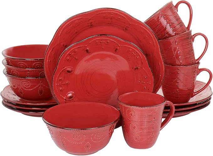 Elama Embossed Scalloped Round Stoneware Dinnerware Dish Set, 16 Piece, Red with Brown Accents | Amazon (US)