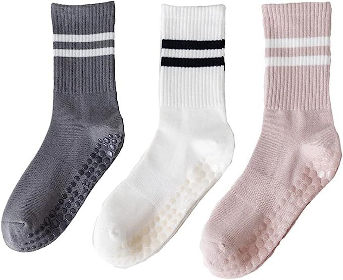 Yoga Socks with Grips for Women, Cotton Mid-tube Bottom Cushioned Socks Non Slip Grip Socks for Y... | Amazon (US)