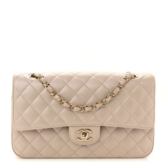 Iridescent Lambskin Quilted Medium Double Flap Light Beige | FASHIONPHILE (US)