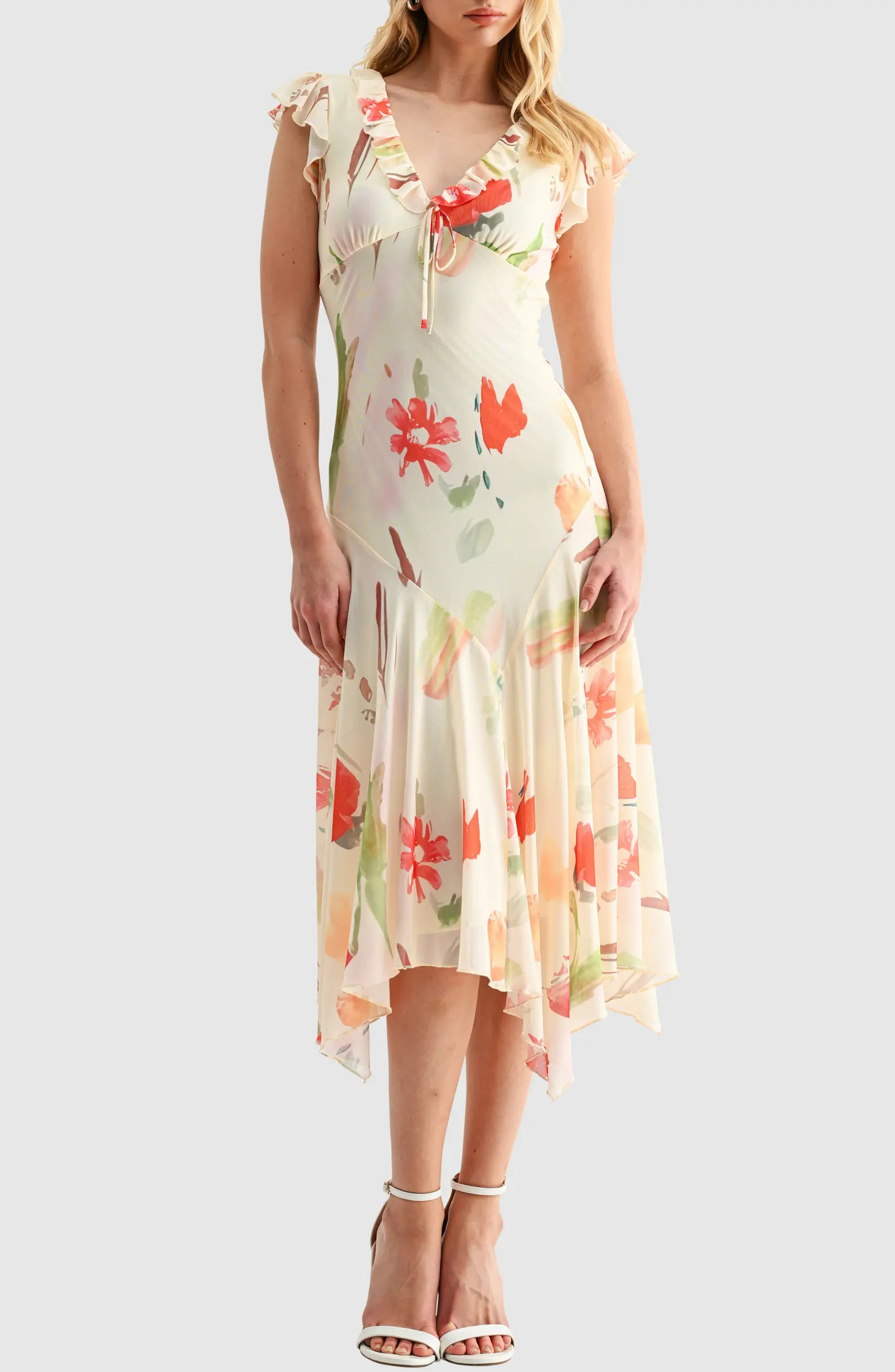 All in Favor Floral Flutter Sleeve Handkerchief Hem Mesh Dress | Nordstrom | Nordstrom
