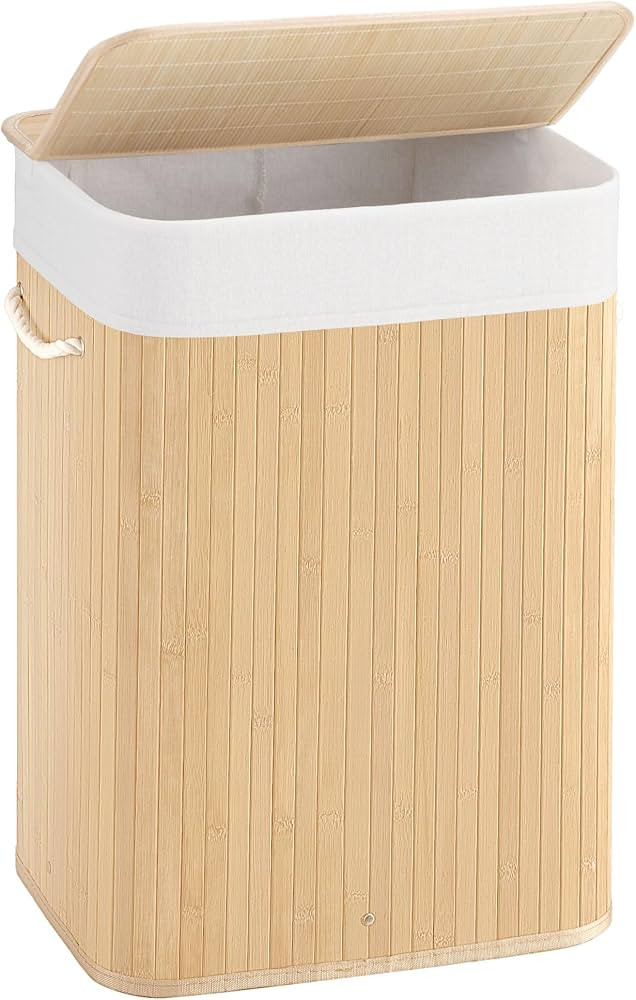 Cesta de lavandería delgada de 72 litros con tapa, cesta plegable de bambú con asas, forro extr... | Amazon (US)