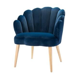 Flora Navy Mid-century Modern Scalloped Tufted Velvet Barrel Chair with Wood Legs | The Home Depot