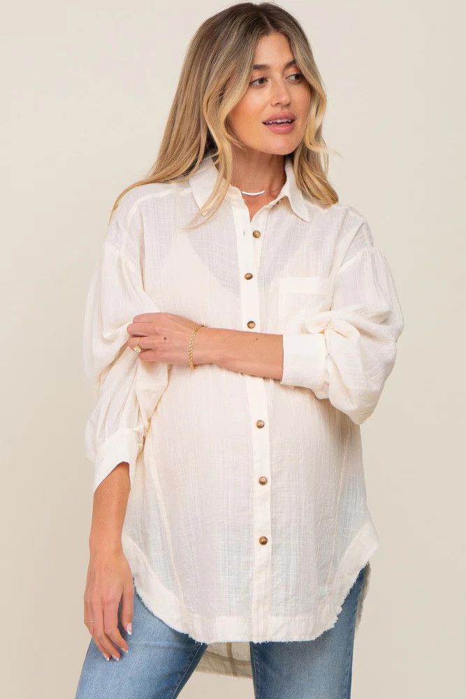 Beige Linen Collared Button Up Raw Edge Maternity Top | PinkBlush Maternity