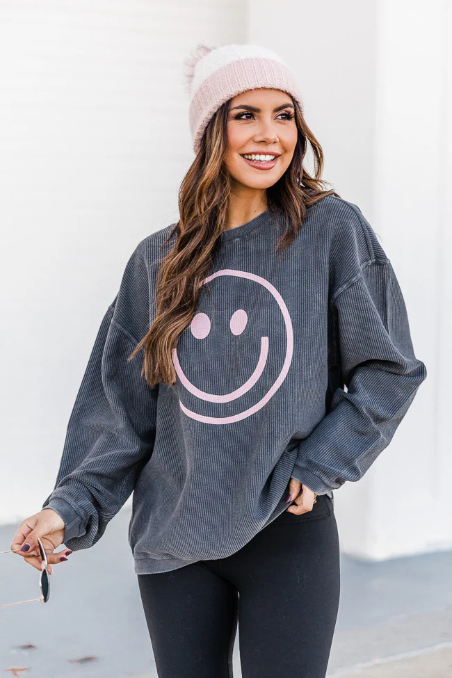 Pink Smiley Face Charcoal Corded Graphic Sweatshirt | The Pink Lily Boutique